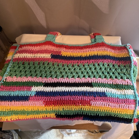 Celia B Rainbow Stripe Crochet Tote Purse Handbag Shoulder Bag Boho Festival NWT - Picture 10 of 12